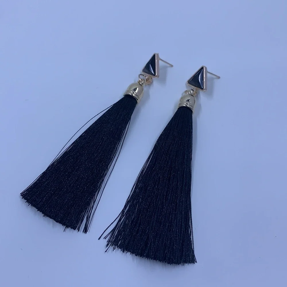 Black Boho Long Triangle Tassel Drop Earrings